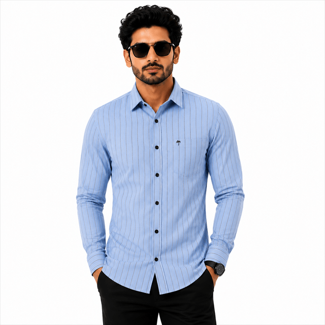 Men Ash Blue Cotton Slim Fit Stripe Casual Shirt