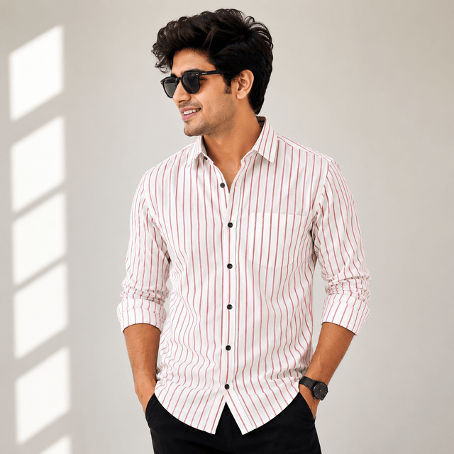 Men White Slim Fit Stripe Casual Shirt