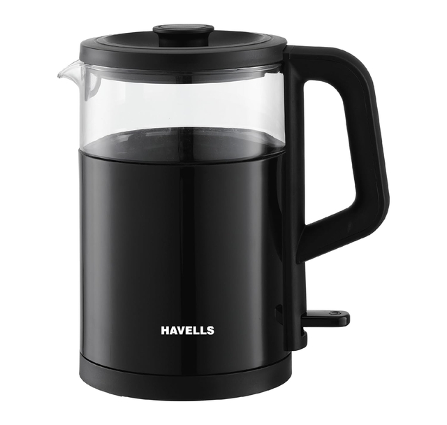 Havells MARINO Low Noise Glass Electric Kettle 1L|1200W Borosilicate Glass inner & Cool Touch Outer Body (Black)