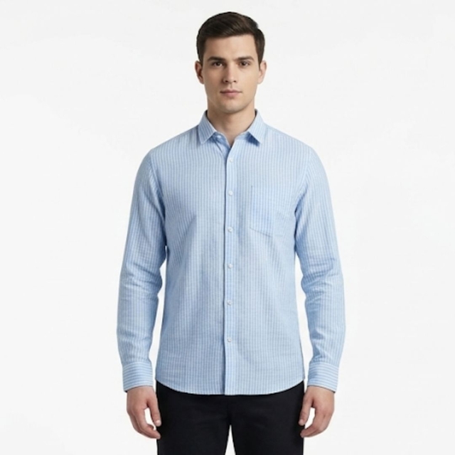 Light Blue and White Striped Pattern, Long Sleeves, and a Spread Collar