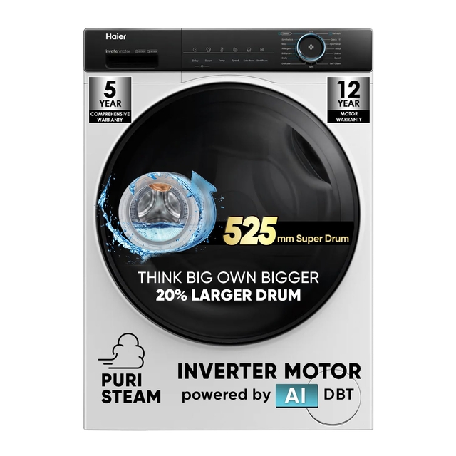 Haier 8 kg 5 Star Powered by AI-DBT with PuriSteam, 525mm Super Drum Fully Automatic Front Load Washing Machine