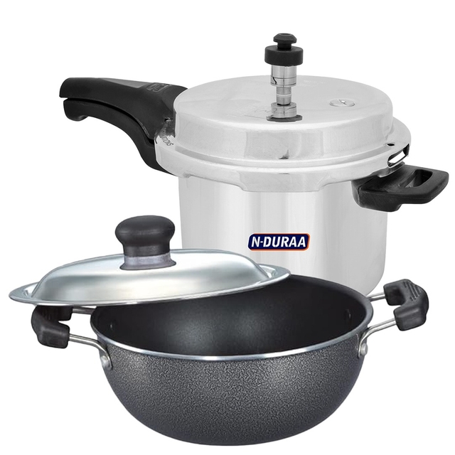 N-DURAA Pressure Cooker, 5 Ltr, & N-DURAA Non-Stick Round Base Kadhai with Lid, 28 cm,
