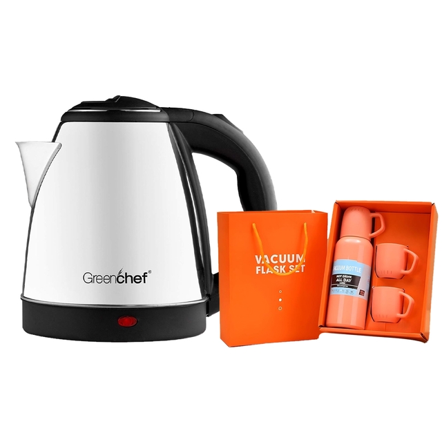 Double Wall Vaccum Flask Set Thermo 500ml Vacuum with Three Cups Hot & Cold & GREENCHEF Steel Electric Kettle (Silver Black,1.5L),600 Watts,1.5 Liter