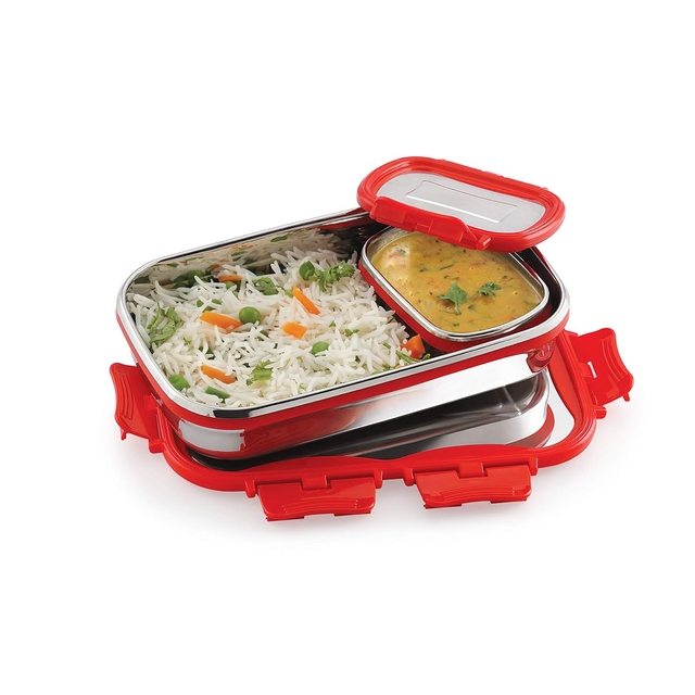 CELLO Click It Stainless Steel Lunch Pack, Red, 925ml | Stainless Steel Lunch Box with Veg Box | Lunch Box with Snap Lock | Perfect for School, College & Office