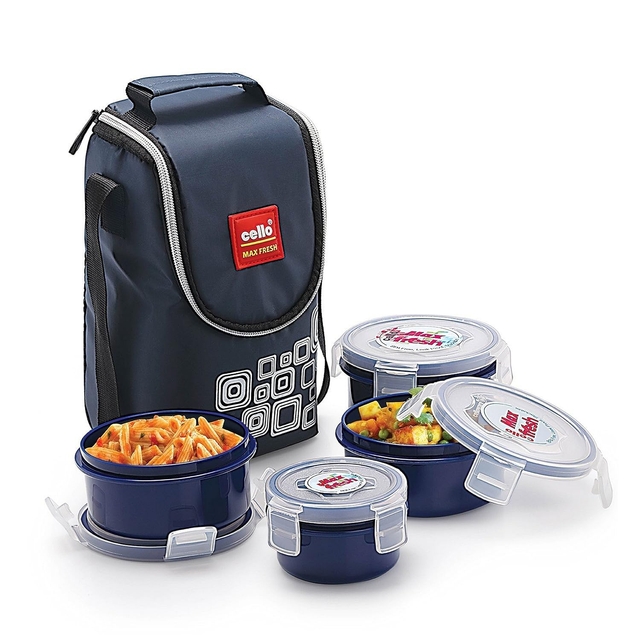 CELLO Max Fresh Click Polypropylene Leakproof Lunch Box Set with Bag, 4 Containers - 300ml x 3 & 140ml, Dark Blue