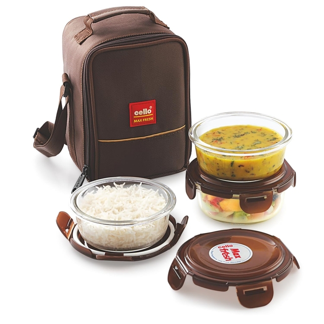 CELLO Maxfresh Glassy Glass Lunch Box Set of 3 Containers, 400ml Each, Brown | Microwavable Borosilicate Glass | Leak Proof Design | Ideal for College, Travel, Office
