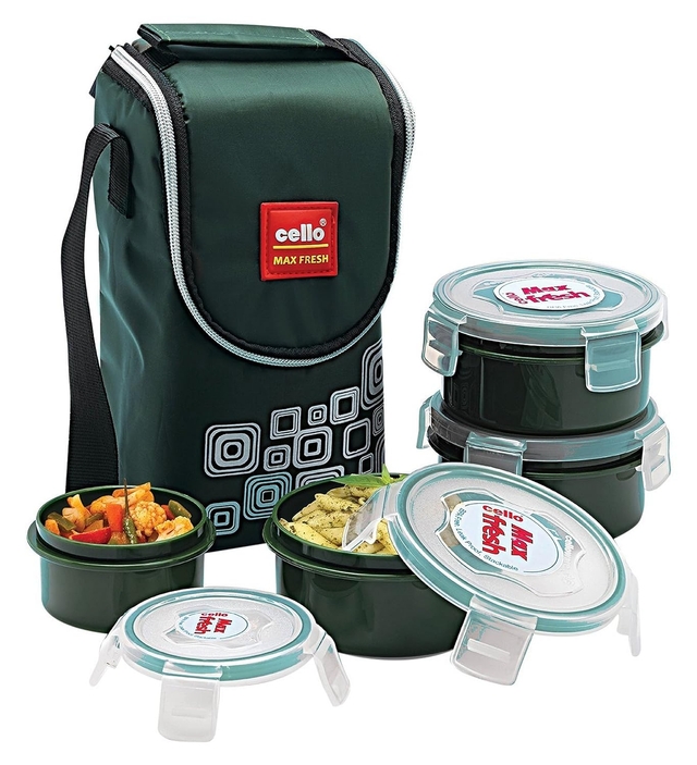 CELLO Max Fresh Click Polypropylene Lunch Box Set, 300ml, 4-Pieces, Green
