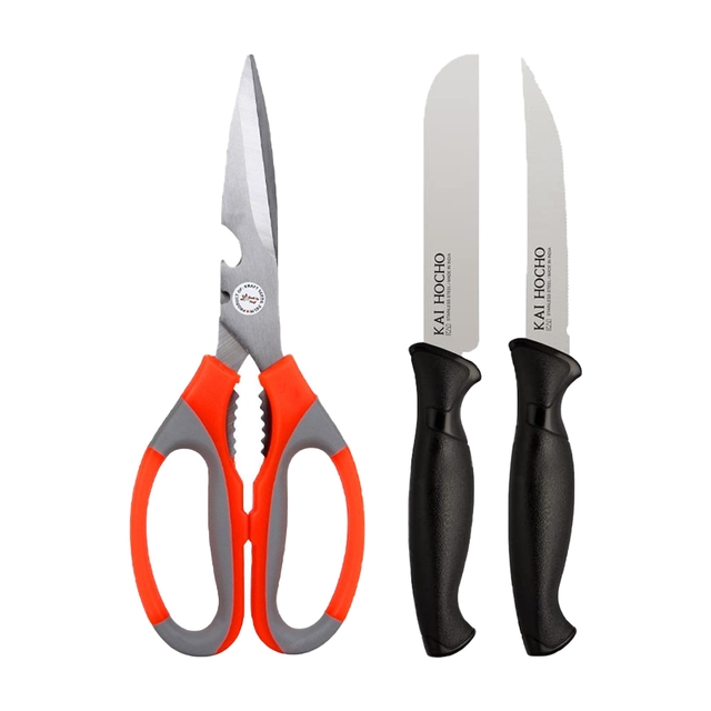 N-Duraa Kitchen Scissors & Two Set Kai Knife - Black, (Pack of 3)