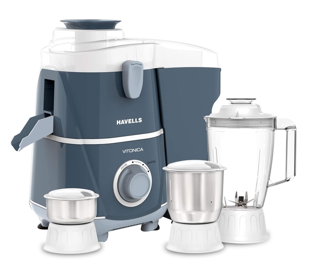 Havells Vitonica 500W Juicer Mixer Grinder with 3 Stainless Steel Jar, Large Size Pulp Container,(White & Blue)