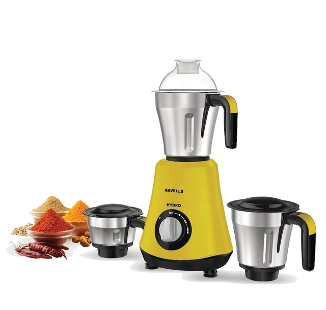 Havells Hydro 750 watt Mixer Grinder with 3 Wider mouth Stainless Steel Jar, (Yellow)
