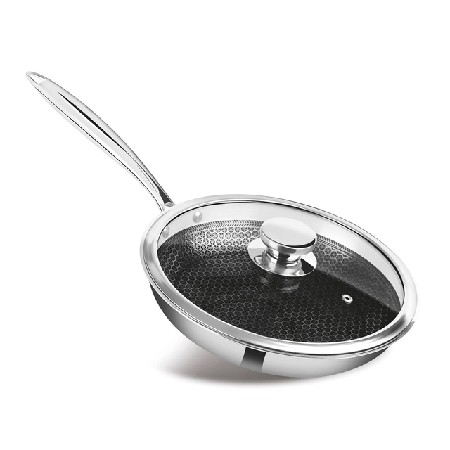 N-Duraa Heavy Thickness Triply Stainless Steel Honey combo Fry Pan 240mm Fry Pan with Glass Lid & Triply 3 Bonded Layer