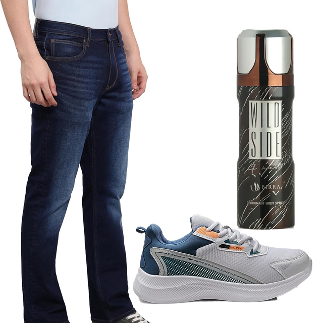 Moulty Men Regular Jeans and BIRRA Wild Side Deo Body Spray 200ml & ASIAN Mens Thar-13 Shoes