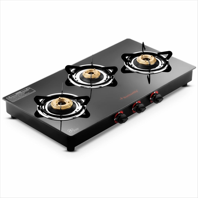 Butterfly Rapid 3 Burner Glass Top Gas Stove | Auto Ignition | Scratch Resistant Toughened Glass | Brass Burners | Skid-proof Legs (Black)