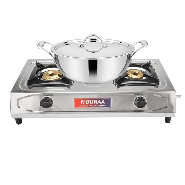 N-DURAA Solid Stainless Steel 2 Brass Burner Gas With SIGNORA WARE 1500Ml Artista Tri-Ply Non-Stick Deep Fry Kadhai 18Cm,Induction