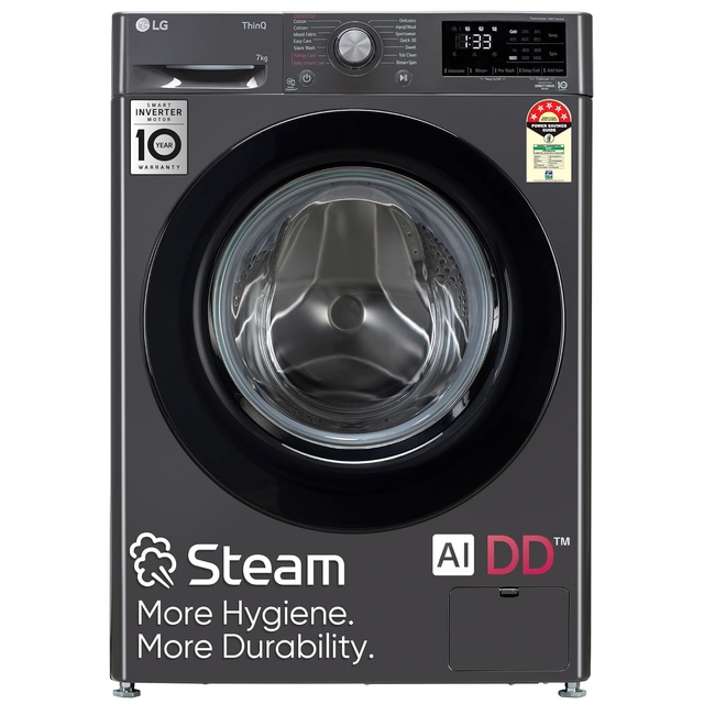 LG 7 Kg 5 Star AI Direct Drive Fully-Automatic Front Loading Washing Machine (FHV1207Z2M, Middle Black, Steam for Hygiene Wash)