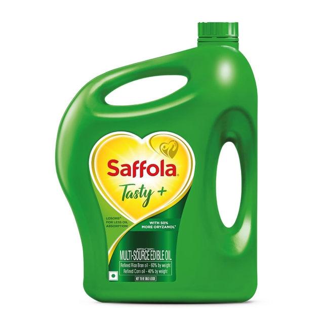 Saffola Tasty + Refined Cooking oil | Blended Rice bran & Corn oil | 50% More Oryzanol | 5 Litre Jar