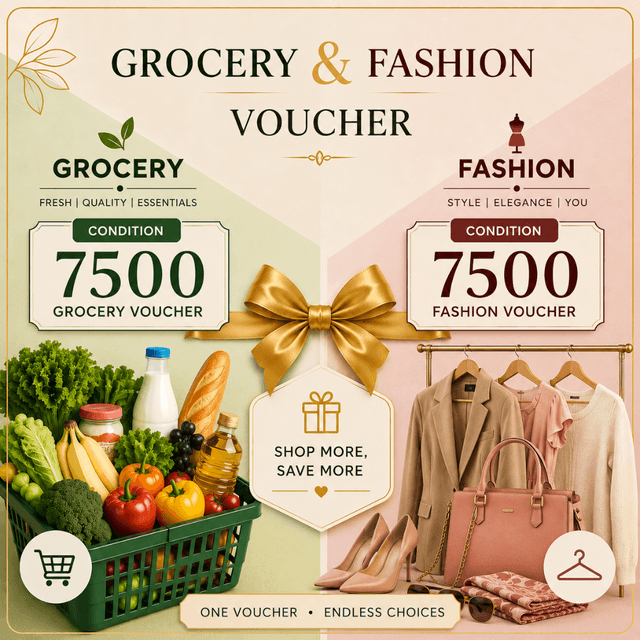 Grocery & Fashion Shopping Voucher Fashion Voucher shop online and offline. (Rs,7500 Grocery Voucher Rs,7500)