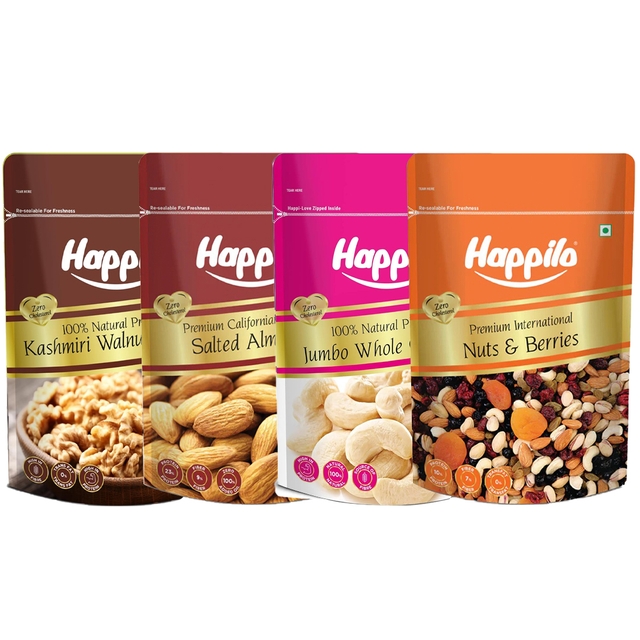 Happilo Premium Dry Fruits Combo (Pack of 4) Kashmiri Walnut 200 g Almonds Salted 200 g Whole Cashews, 200 g Dried Nuts and Berries Mix 200g