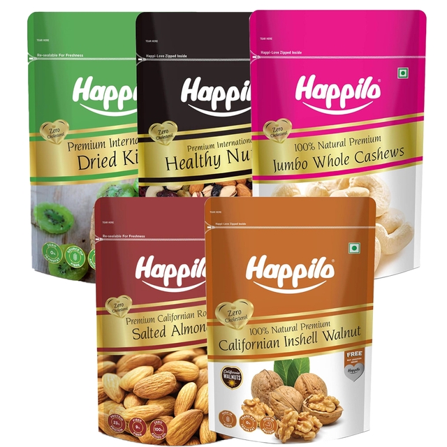 Happilo Premium Dry Fruits Combo (Pack of 5) Dried Kiwi - 200 gms , Healthy Nutmix,- 200gms, King Size Whole Cashew Nuts -  200gms , Roasted Salted Almonds - 200gms, California Inshell Walnut - 200 gms