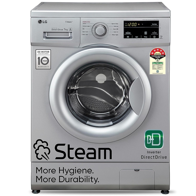 LG 7 Kg 5 Star Inverter Touch Control Fully-Automatic Front Load Washing Machine with in-built Heater (FHM1207SDL, Silver, 6 Motion Direct Drive & Steam)