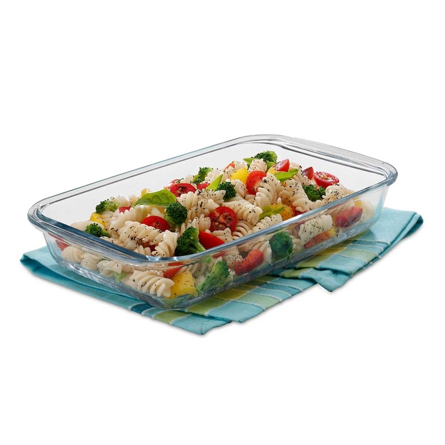 Signoraware Bake 'N' Serve Rectangular Bakeware Safe and Oven Safe Glass Dish Tray | Borosilicate Glass Bowl Container | Microwave Oven Safe Baking (3000ml, Set of 1, Clear)