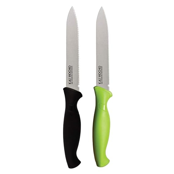 Kai Stainless Steel Kitchen and Vegetable Knife Plain and Serrated Blade Set, 2-Piece, Black and Green