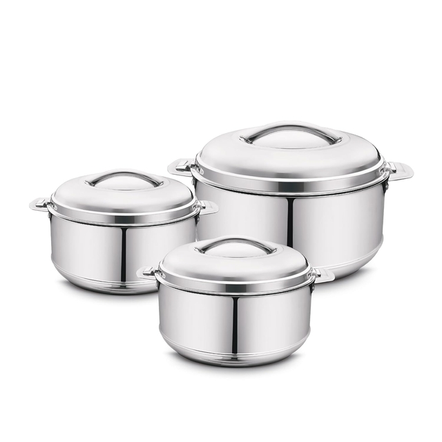 N-DURAAStainless Steel Casserole Set/Set Includes 1000ml 1500ml 2500ml / PUF Insulated Hot Pot/Hot Pot for Rice, Gravy, Curry/Hot Boxes for Kitchen/Hot Pot Set/Gift Set of 3