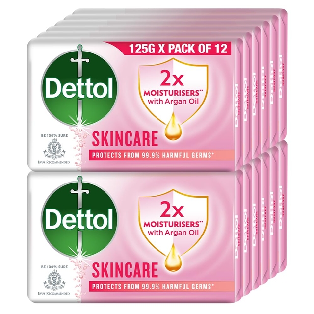 Dettol Skincare Moisturizing Beauty Bathing Soap Bar with Argan Oil (1500gm) | Softer Skin, 125gm Extra Free, Pack of 12