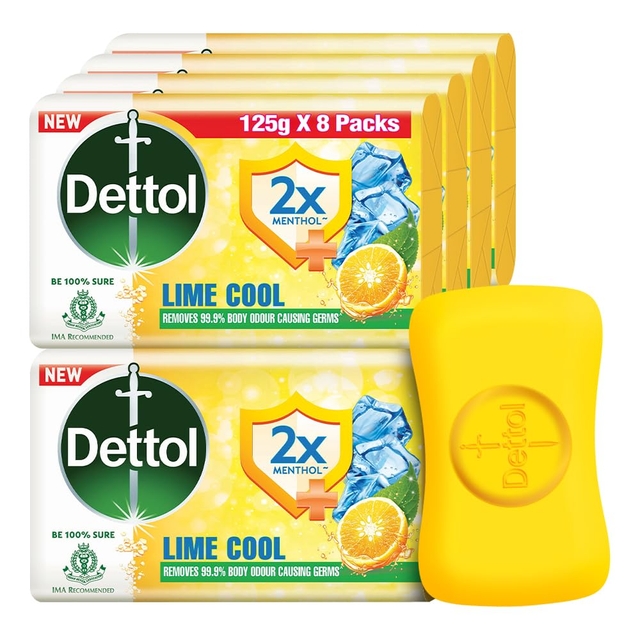 Dettol Lime Cool Bathing Soap Bar with 2x Menthol, 125gm Pack of 8