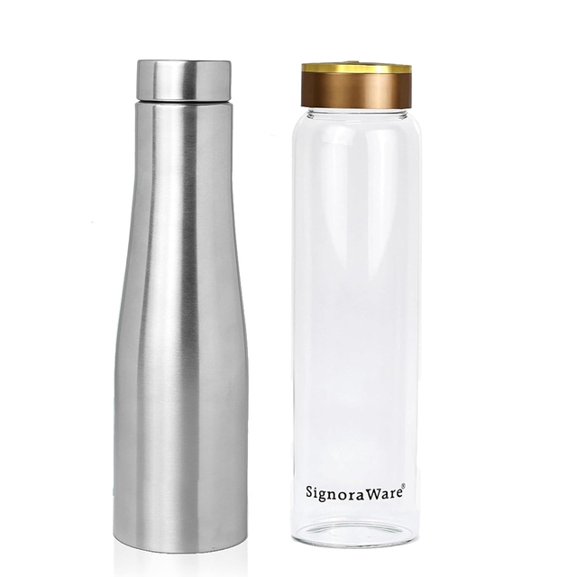 Asian Mattel Finish Stainless Steel Water Bottle 1000ml & SignoraWare Claro Pro Glass Bottle,750 ml