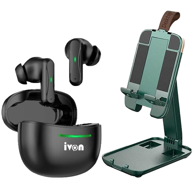 Ivon IV -TWS223 Wireless Earbuds & IVON Cell Phone Stand, Portable Fully Foldable Cell Phone Holder,Adjustable Phone