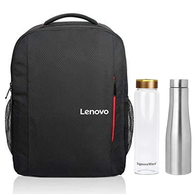 Lenovo Laptop Backpack- 32.50 cm, Black & Asian Mattel Finish Stainless Steel Water Bottle 1000ml with SignoraWare Claro Pro Glass Bottle,750 ml (Pack Combo)