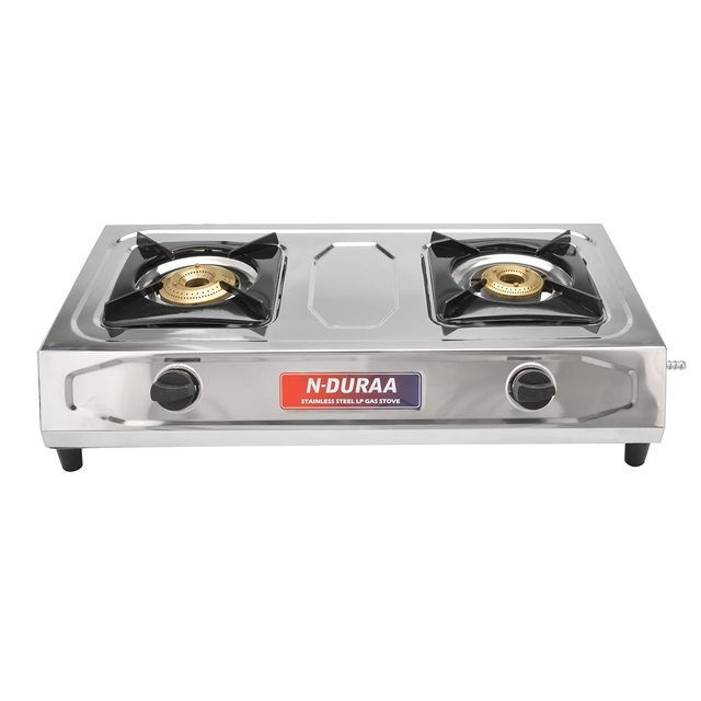 N-DURAA Solid Stainless Steel 2 Brass Burner Gas Stove Cooktop LPG Chulha Manual Ignition ISI Certified Silver.