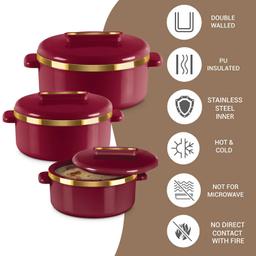MILTON Curve Inner Stainless Steel Casserole Set of 3 (450 ml, 840 ml, 1300 ml), Maroon | BPA Free | Food Grade | Easy to Carry | Easy to Store | Chapati | Roti | Curd Maker