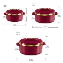 MILTON Curve Inner Stainless Steel Casserole Set of 3 (450 ml, 840 ml, 1300 ml), Maroon | BPA Free | Food Grade | Easy to Carry | Easy to Store | Chapati | Roti | Curd Maker