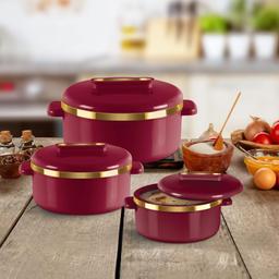 MILTON Curve Inner Stainless Steel Casserole Set of 3 (450 ml, 840 ml, 1300 ml), Maroon | BPA Free | Food Grade | Easy to Carry | Easy to Store | Chapati | Roti | Curd Maker