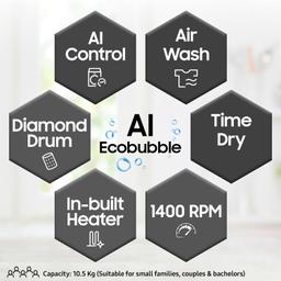 Samsung 10.5 Kg / 7.0 Kg Wi-Fi Enabled Inverter Fully-Automatic Front Load Washer Dryer (WD10T704DBX/TL, Inox, AI Control)