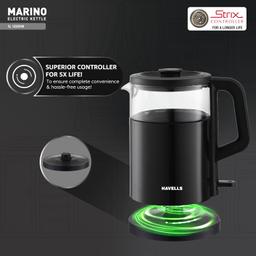 Havells MARINO Low Noise Glass Electric Kettle 1L|1200W Borosilicate Glass inner & Cool Touch Outer Body (Black)