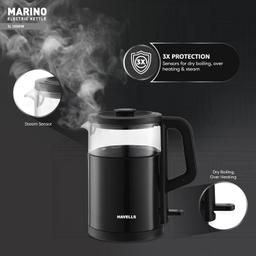 Havells MARINO Low Noise Glass Electric Kettle 1L|1200W Borosilicate Glass inner & Cool Touch Outer Body (Black)