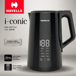 Havells I-Conic 1.5 Litre Digi Kettle with double wall and 304 stainless steel tank (Black)