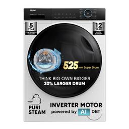 Haier 8 kg 5 Star Powered by AI-DBT with PuriSteam, 525mm Super Drum Fully Automatic Front Load Washing Machine