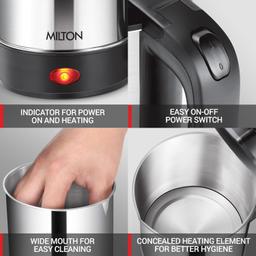 MILTON Stainless Steel Euroline Electric Travel Kettle With Handle, 1000 Watt, 500 Ml | 2 Utility Cups | Auto Shut-Off | Concealed Heating Element | Power Indicator |1Year Warranty, Silver