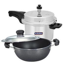 N-DURAA Pressure Cooker, 5 Ltr, & N-DURAA Non-Stick Round Base Kadhai with Lid, 28 cm,