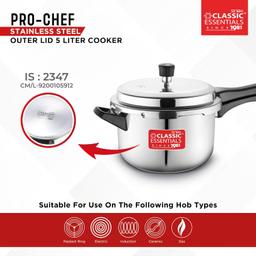 Classic Essentials Prochef Stainless Steel Cooker | ISI Certified Outer Lid Pressure Cooker | Non Reactive, Non Toxic & Non Staining Food Grade Surface (5 Liter)