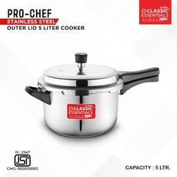 Classic Essentials Prochef Stainless Steel Cooker | ISI Certified Outer Lid Pressure Cooker | Non Reactive, Non Toxic & Non Staining Food Grade Surface (5 Liter)