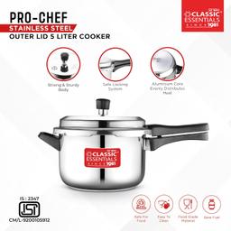 Classic Essentials Prochef Stainless Steel Cooker | ISI Certified Outer Lid Pressure Cooker | Non Reactive, Non Toxic & Non Staining Food Grade Surface (5 Liter)