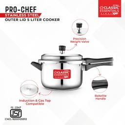 Classic Essentials Prochef Stainless Steel Cooker | ISI Certified Outer Lid Pressure Cooker | Non Reactive, Non Toxic & Non Staining Food Grade Surface (5 Liter)