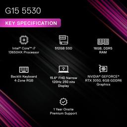 Dell G15-5530 Gaming Laptop, Intel Core i7-13650HX Processor/16GB/512GB SSD/NVIDIA RTX 3050 (6GB GDDR6)