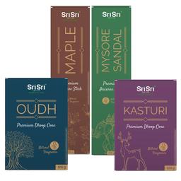 Premium Incense Sticks 225 gms [Sri Sri Mysore Sandal - 1 Pack & Sri Sri Maple - 1 Pack] & Premium Dhoop Cone 100 gms [Sri Sri Kasturi - 1 Pack & Sri Sri Oudh - 1 Pack] - Combo Pack