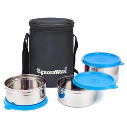 Signoraware Executive Stainless Steel Lunch Box Set 3 with bag | Stainless-Steel Leak-Proof Containers | Full Meal Boxes (Container Size 350mlx2 | 500mlx1 | Blue)